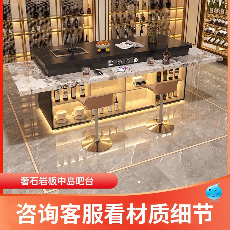 Tablero de piedra de lujo, mesa de comedor en la isla, cocina abierta integrada, plataforma de guía para el hogar, caída, lujo ligero, sentido de alta gama, barra de cocina occidental