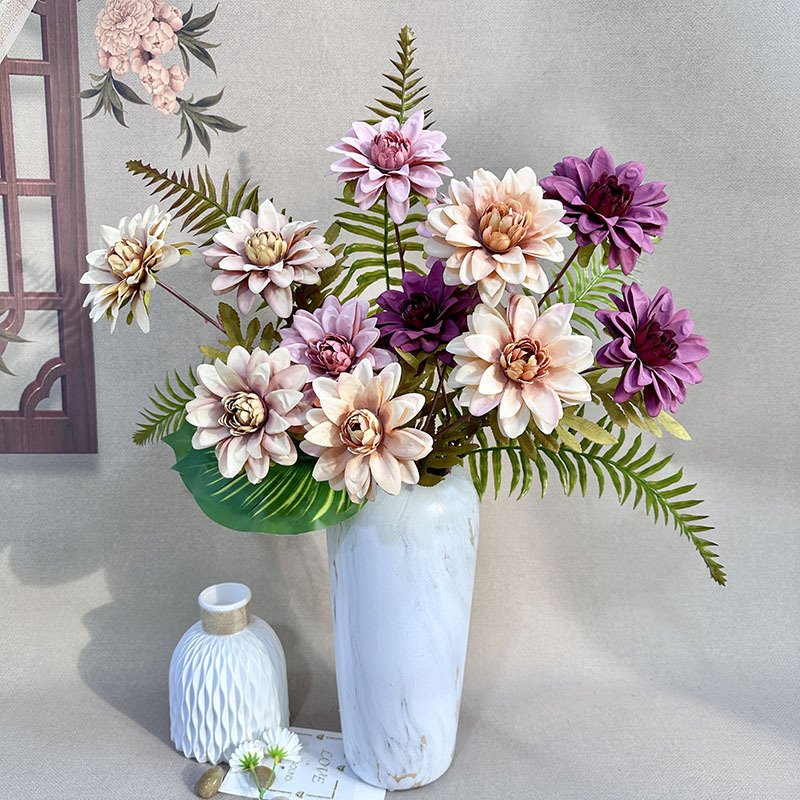 Unique 3-tête dalihua mariage arrangement de fleurs série décoration habiller sur place paysage fleur artificielle enduit tissu matériel de fleur en gros