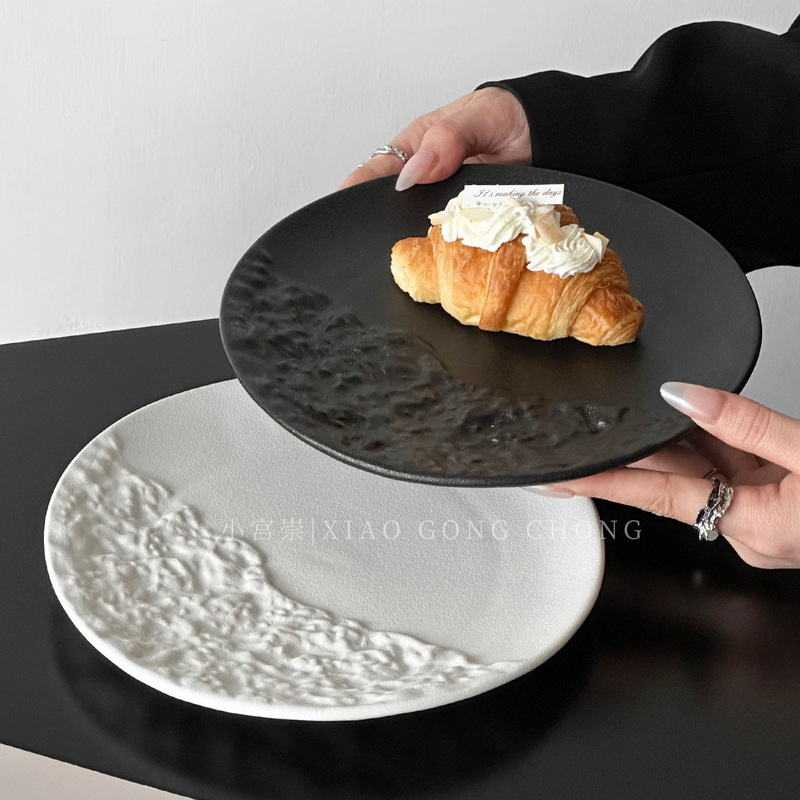 Nordic-style ceramic plate with rock relief, steak plate, high-end flat plate, restaurant presentation plate, dessert cake plate Nordic-style ceramic plate with rock relief, steak plate, high-end flat plate, restaurant presentation plate, dessert cake plate