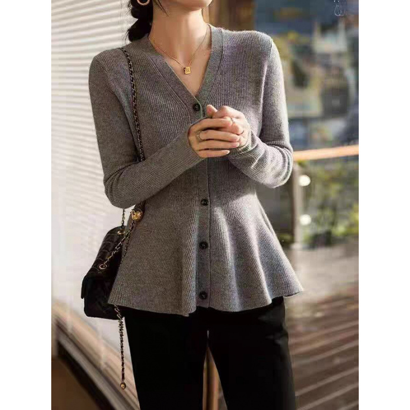 Elegant Fishtail Ruffle Long-Sleeve Knit Cardigan 2025 Spring and Autumn New Fashionable V-Neck Slimming Waist Sweater for Women