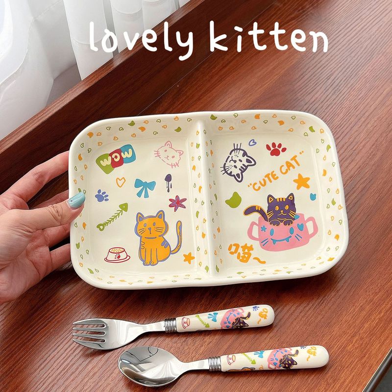 Cute Ceramic Divided Plate, Cartoon High-Value Plate, Single-Serving Breakfast Plate, Divided Plate, Household Dining Plate, Spoon Plate
