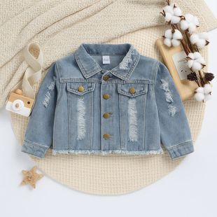 Cross-Border Children's Clothing Girls' Stylish Denim Jacket Autumn Style Small and Medium-Sized Children's Long-Sleeved Lapel Ripped Single-Breasted Top