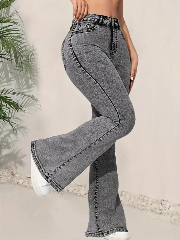 ヨーロッパとアメリカの貿易 AliExpress ダークグレーの女性のジーンズスリムフィット多機能デザインミッドウエストデニムフレアパンツ|undefined