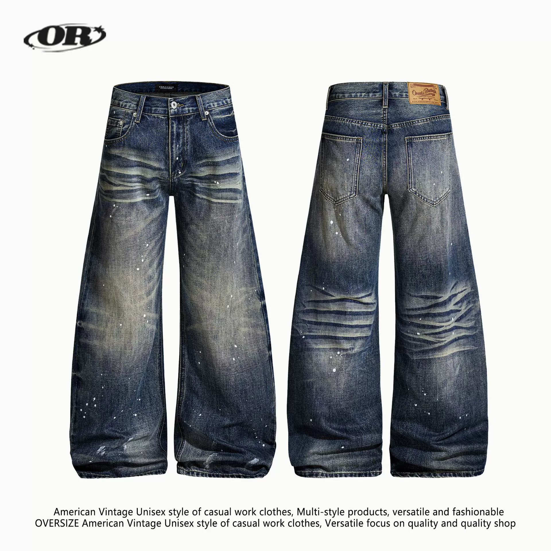 OREETA丨复古做旧泼墨弯刀牛仔裤男女款潮牌高街痞帅风阔腿拖地裤