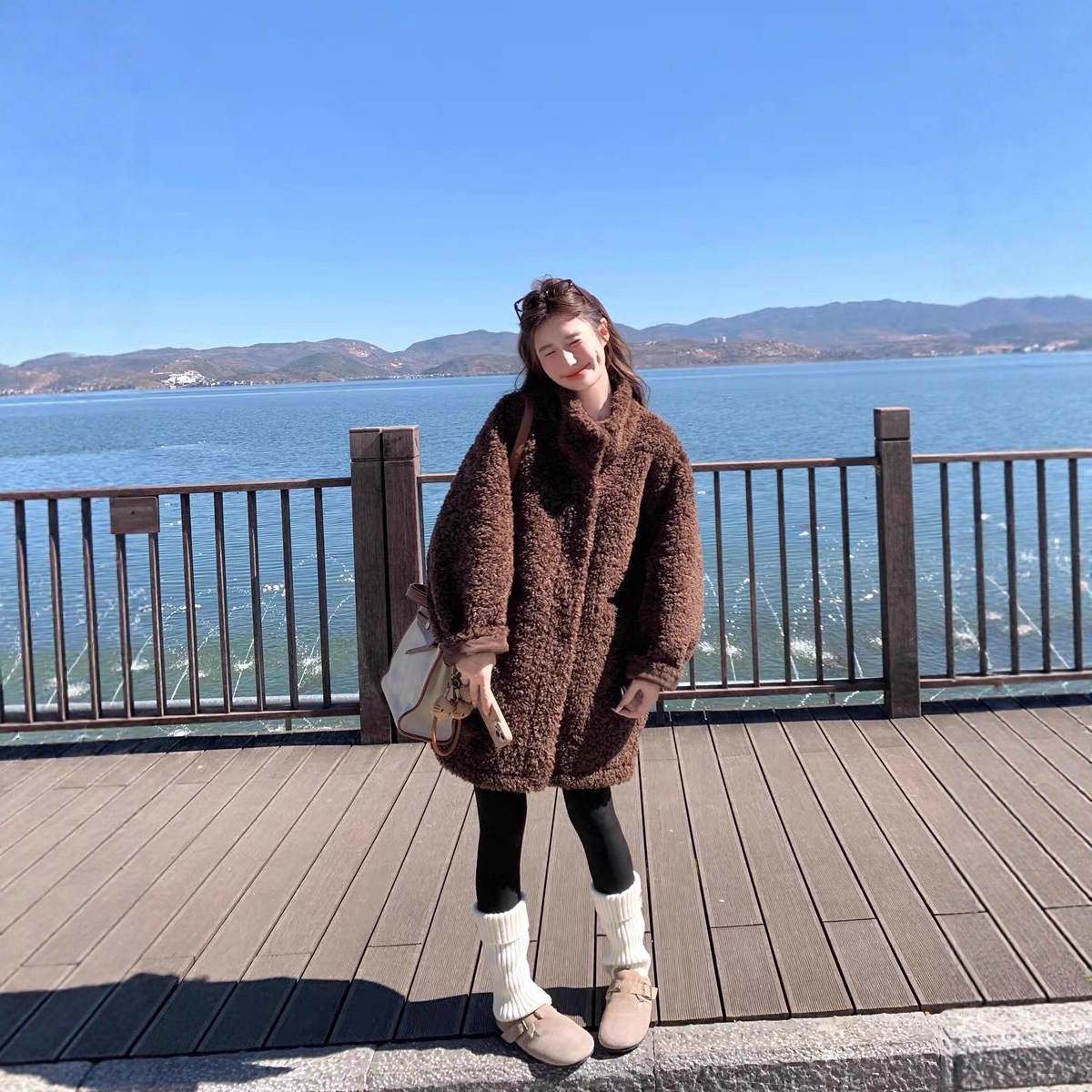 秋冬仿羊羔毛外套女宽松加厚小个子皮毛一体毛毛中长款气质优雅