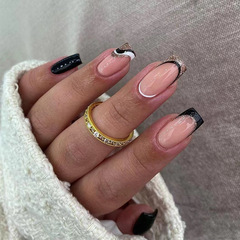 穿戴甲甲片黑白拼接法式金色閃粉美甲穿戴甲批發press on nails