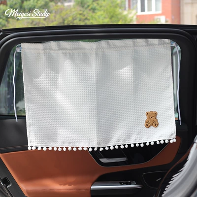 cherry pattern, cartoon sun-blocking — Car curtains - large-waffle-curtain-sitting-bear-suction-cup-version