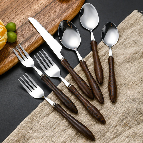 New 430 chicken wing wooden handle stainless steel knife, fork and spoon Japanese style wooden handle retro western tableware hotel steak knife, fork and spoon