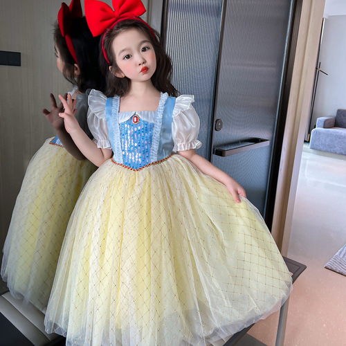 Snow White Girls 2024 Korean Style New Elsa Dress Children's Short Sleeve Dress Baby Princess Dress