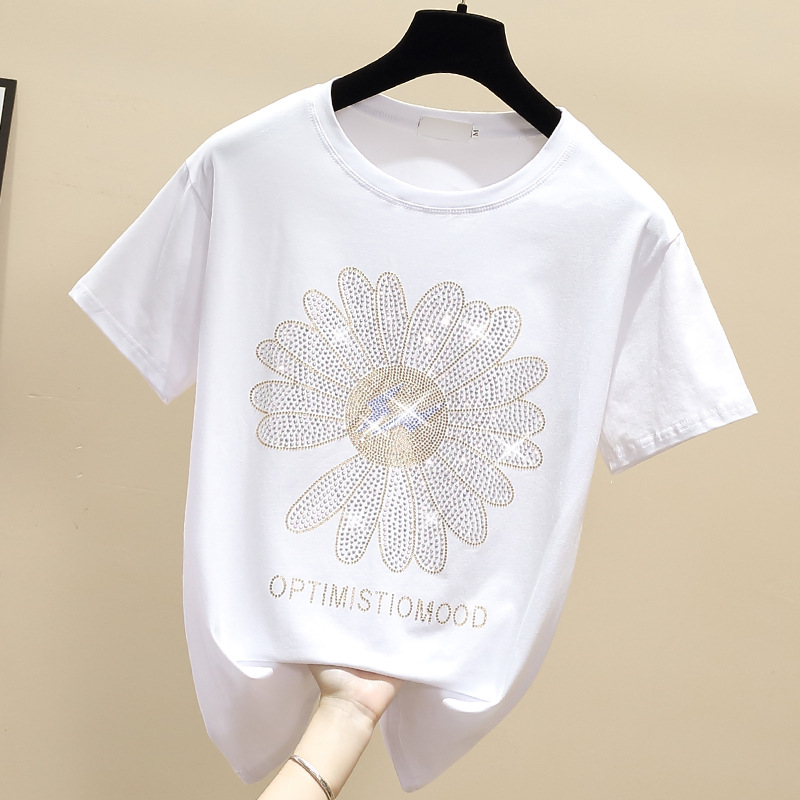 Women's Clothing Combed cotton ins heavy industry hot diamond loose t shirt women's short sleeves summer Internet celebrity Daisy large version sun_voghion.com