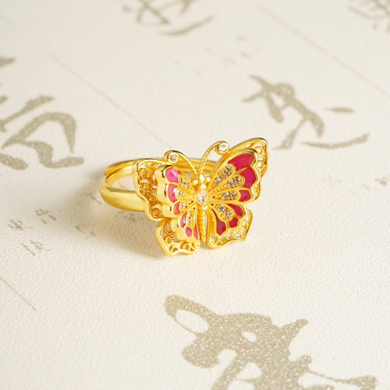 Collar de oro de arena vietnamita, collar de mariposa, anillo de mariposa, conjunto de anillos de mariposa, estilo nacional, joyería de lujo ligera al por mayor.