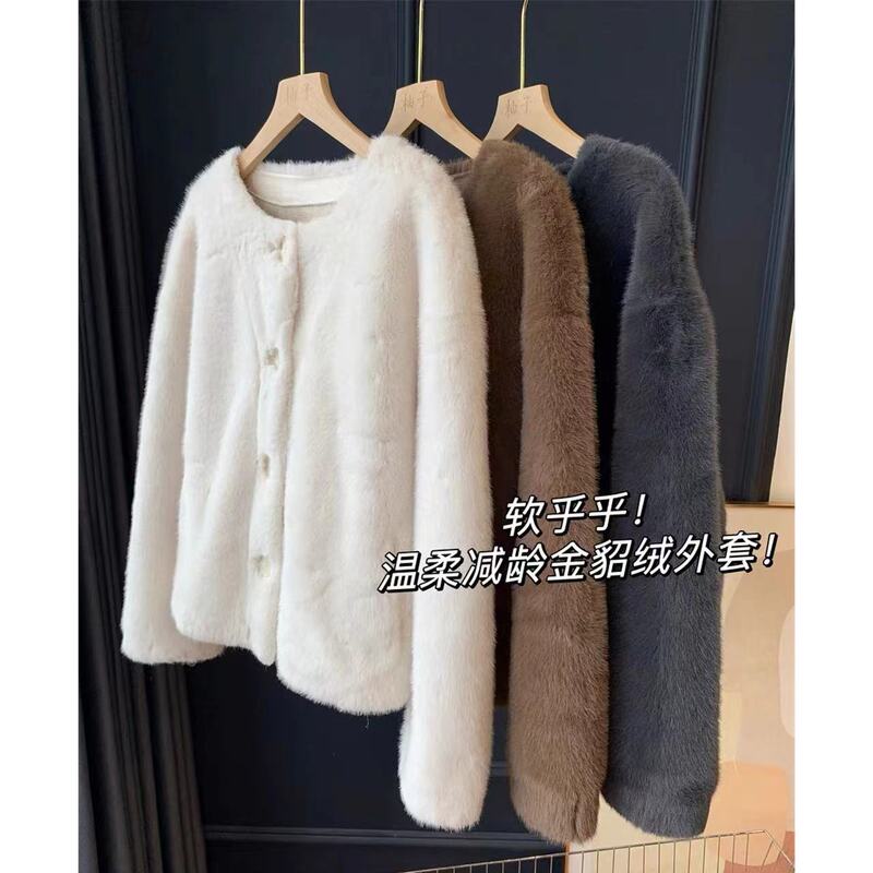 Welfare Gentle Age-reducing Golden Mink Cashmere Coat Round Neck Fur Warm Slim Thick Women's Fur Coat P0701D
