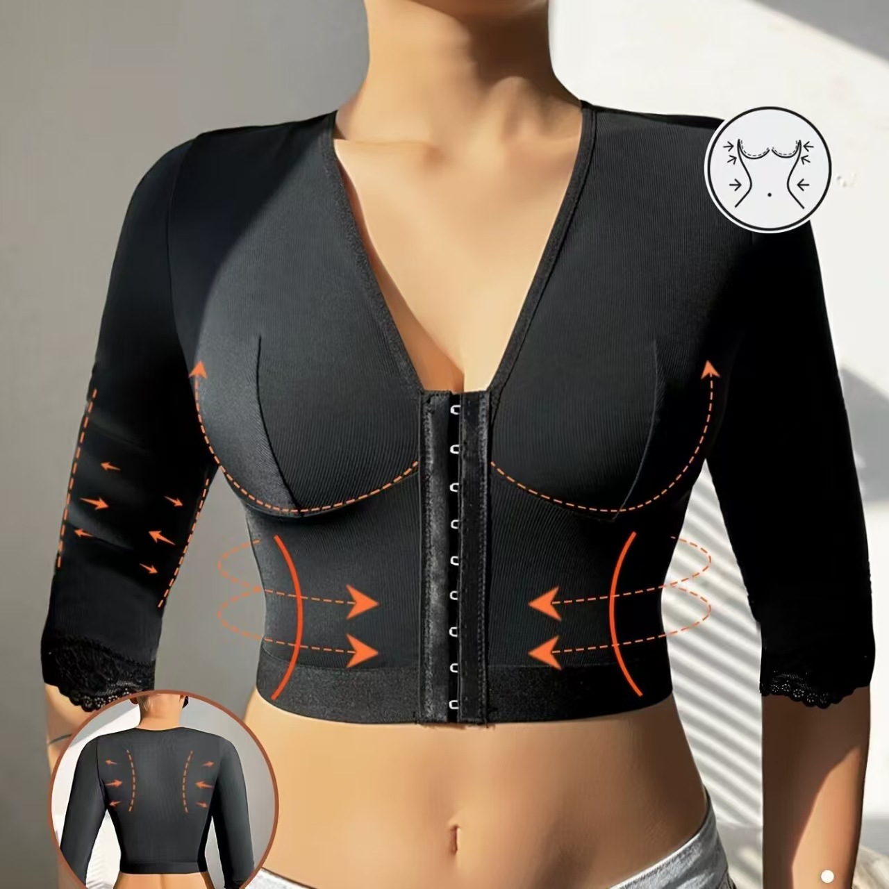 国境を越えた欧米のヨガの前ボタンの調整型の運動の外は美体を着て身の上着のレースの7分の袖の服を作ります。