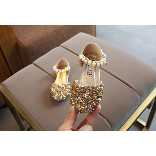 Crystal shoe for girls, children's flower pattern slip-on shoes with sequins, flat soft sole single shoes, spring style for girls, walk show host, leather shoes