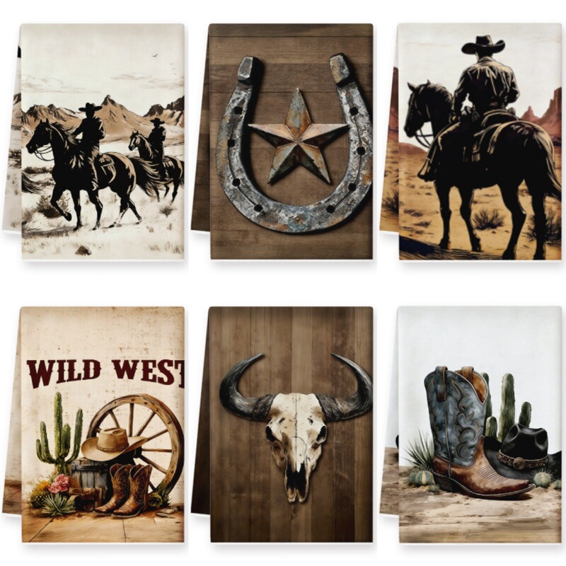 Cross-Border Western Kitchen Towel Set with Horseshoe and Bull Head Bone Elements, Decorative Towel, Household Absorbent Cleaning Cloth, Manufacturer Wholesale