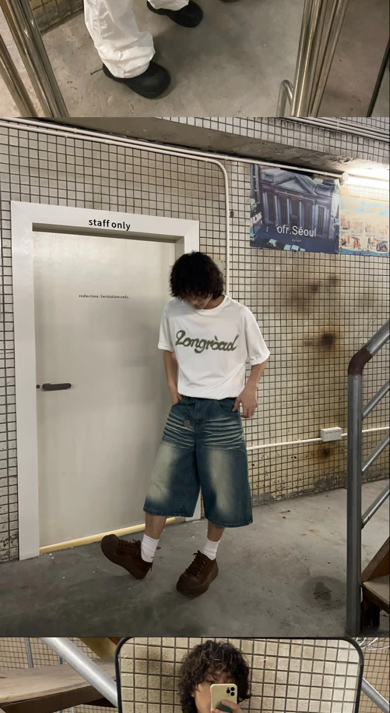 Men's Vintage Washed Blue Distressed Denim Shorts Loose Fit Streetwear Style Cargo Pants with Multi-Pockets_mkmklike.com