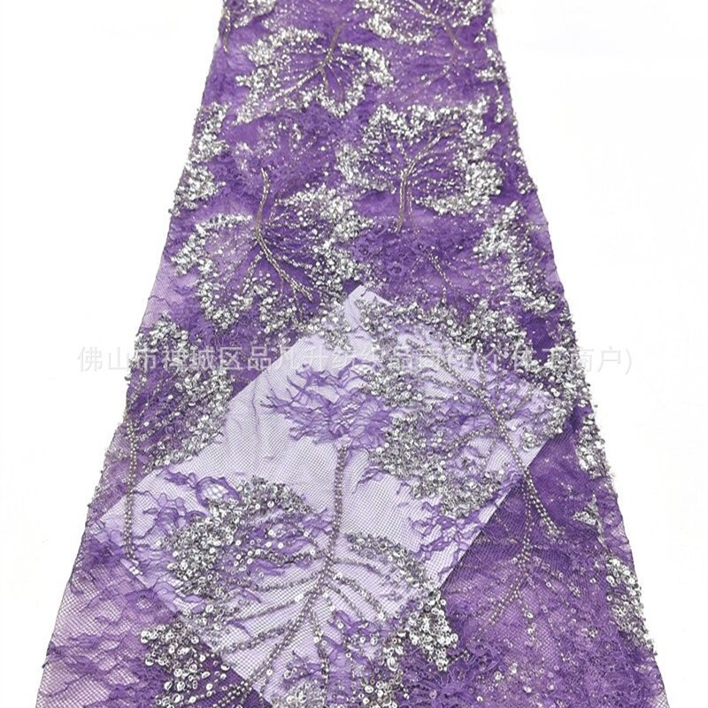 Nuevo encaje de hoja de arce hecho a mano tela de cuentas de clavado sequilla cola de pescado vestido de brindis cena anual vestido de tela en stock