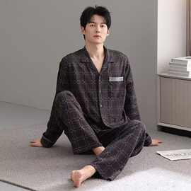 纯棉睡衣男士春秋款长袖套装2026新款简约开衫高级感家居服可外穿