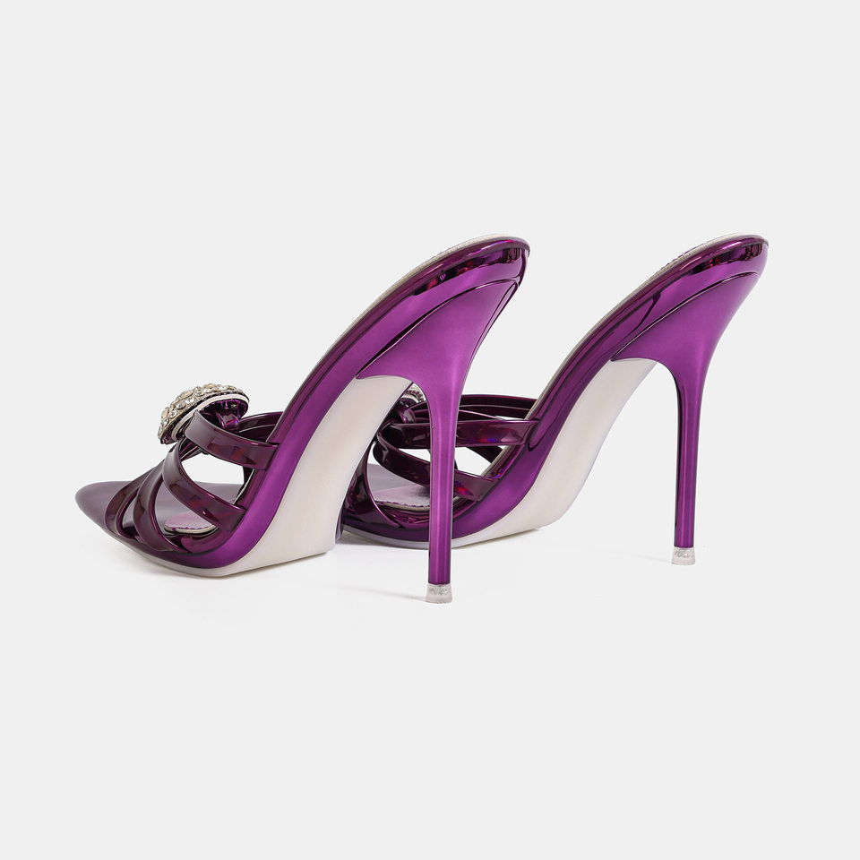Giày sandal cao gót nữ mũi nhọn quai mảnh đính đá, cỡ lớn, phong cách thanh lịch — Màu be, Màu bạc, Màu trắng, Màu tím chi tiết 3