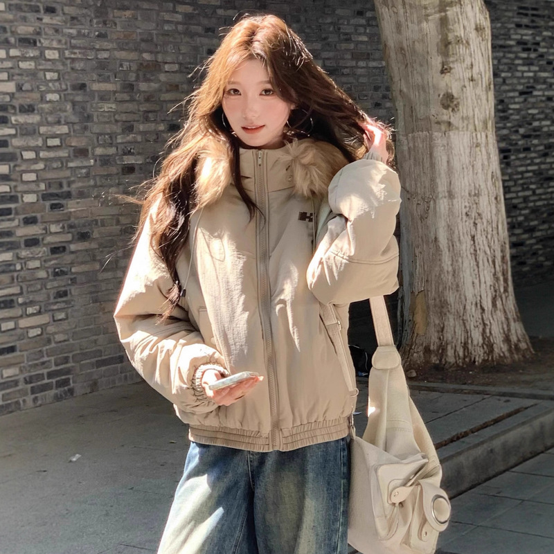 American Retro Fur Collar down Cotton Jacket for Women, Short Style for Petite Figures, 2025 Winter New Korean Style Hooded Cotton Coat