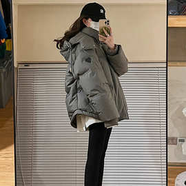 灰色爱心短款羽绒棉服25年新款男女情侣厚小众设计感面包冬外套