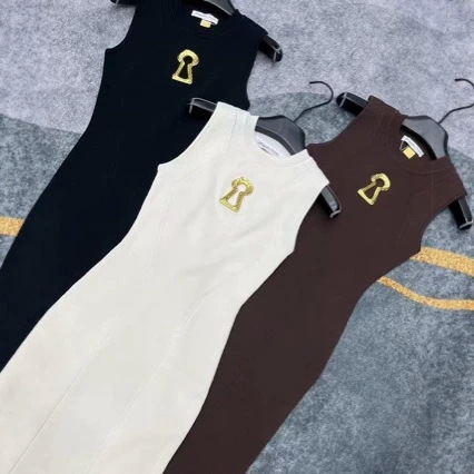 High-End Foreign Trade Style Slim-Fit Metallic Keyhole Waist-Cinching Knit Tank Dress with a Sophisticated Feel
