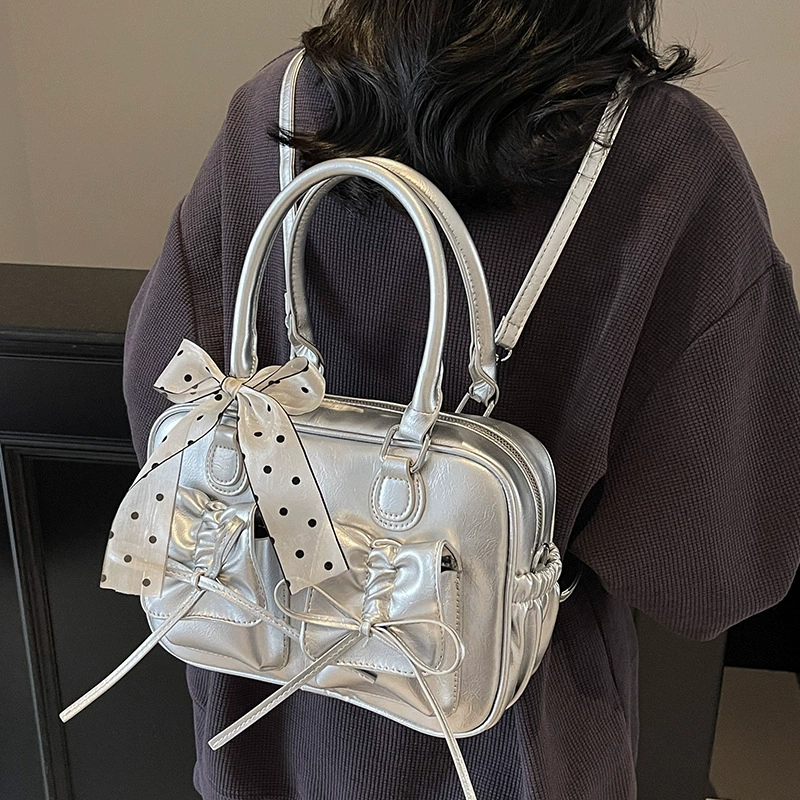 Backpack shoulder bag, small yet capacious bow-accented western-style handbag, multiple colors