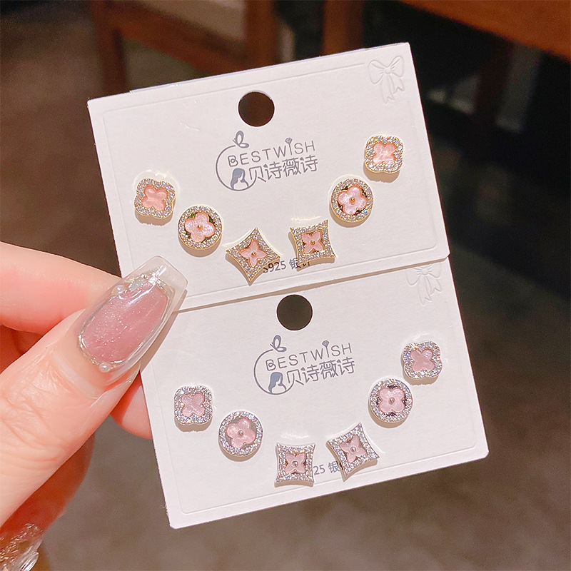 2025 New Hot Style Exquisite Four-Leaf Flower High-End Zircon Small Earrings Three Pairs of Accessible Luxury Style 6-Piece Earrings Set