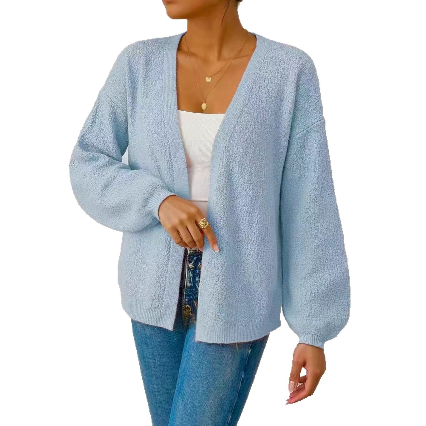 Estación independiente Amazonas temperamento de color sólido de punto de mujer otoño y invierno 2025 nuevo estilo de linterna manga suéter suelto chaqueta mujer