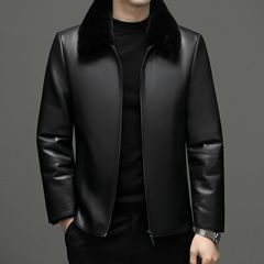 2024秋冬のメンズ綿羊皮の服の襟をめくって、ファスナーのゆったりした革の服の男性のファッションの本革のガチョウの毛