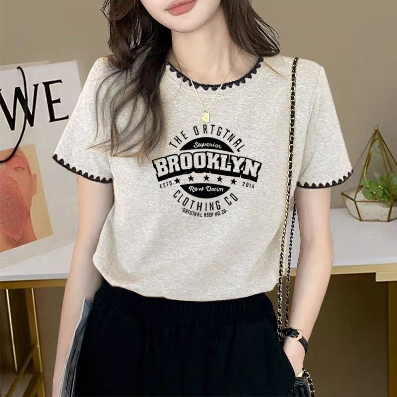 Gray Lace Vintage Short-Sleeve T-Shirt for Women, Summer New Popular Style, Round Neck, Loose Fit, Slimming Base Top, Half-Sleeve Top, Ins