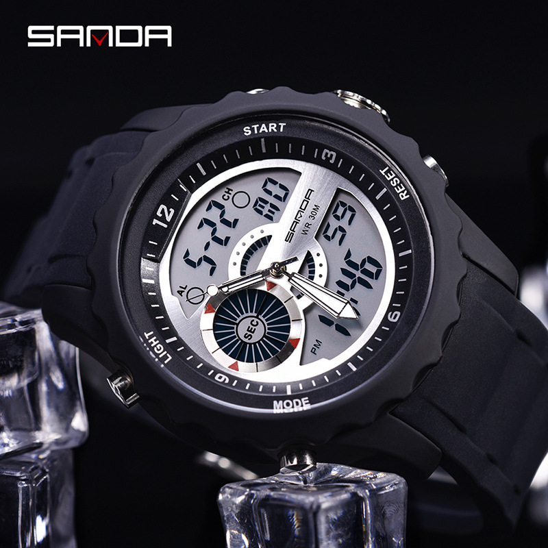 SANDA 769 impermeable multifuncional reloj deportivo al aire libre reloj electrónico de cuarzo de doble movimiento para hombres