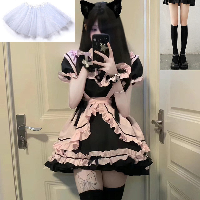 ニャー: ガールキャットメイド服、かわいいヘビーデューティーの大きなリボンのテール付きデイリーロリータドレス|undefined