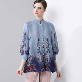 2024早秋立领褶皱印花三宅风万丛花卉优雅气质上衣外套T恤冰蓝