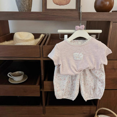 女の子用サマーセット 韓国ベビー服 2025年新作 森ガール風 可愛いTシャツ半袖 子供用プリント七分丈パンツ 防蚊