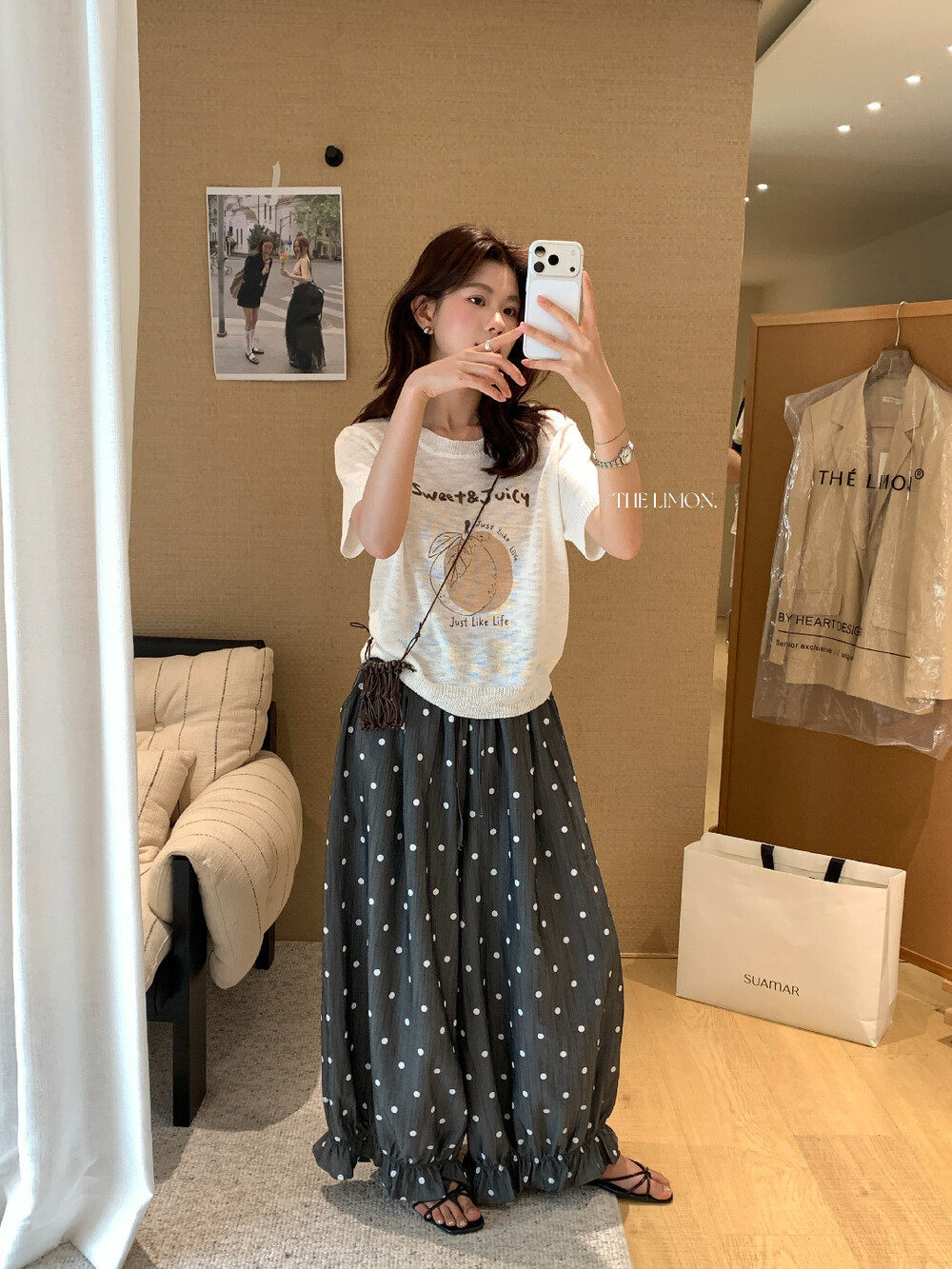 Quần culottes nữ ống rộng chấm bi phong cách vintage, cạp chun, dáng suông rộng thoải mái — màu đen, Màu bí ngô, màu trắng, màu xám chi tiết 11