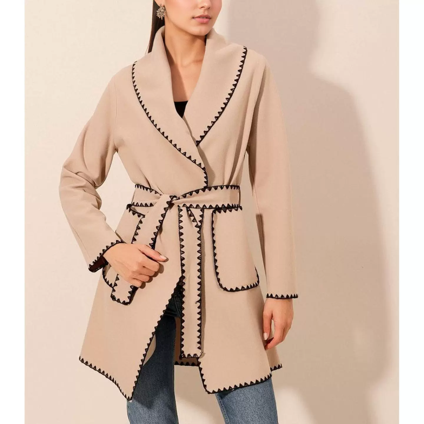 2025欧美跨境外贸爆款保暖长袖大翻领女士毛呢系带秋冬百搭外套