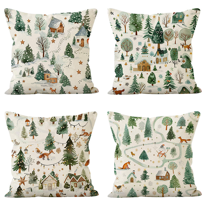 New Winter Christmas Tree Pillow Case Cartoon Snowman Elk Print Pillow Case Holiday Sofa Decorative Cushion Cover