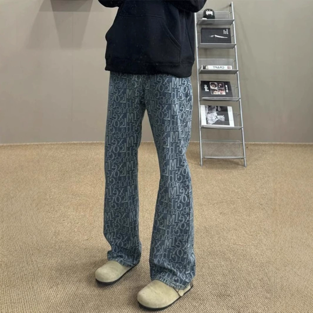Американские ретро жаккардовые джинсы с надписью, мужские осенне-зимние модные брендовые брюки прямого кроя, прямые брюки с вырезом