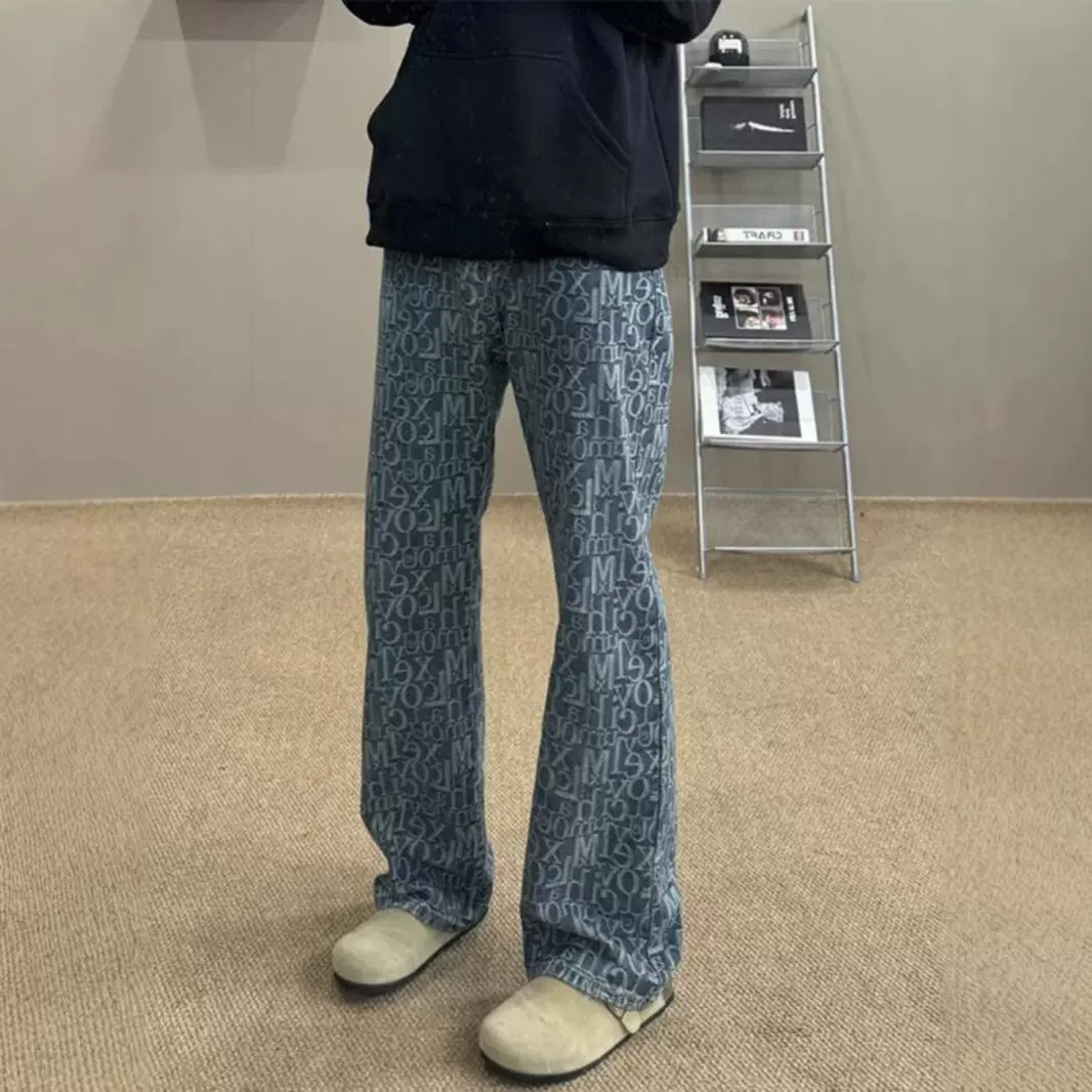 美式复古字母提花牛仔裤男秋冬款潮牌cleanfit裤子高街直筒微喇裤