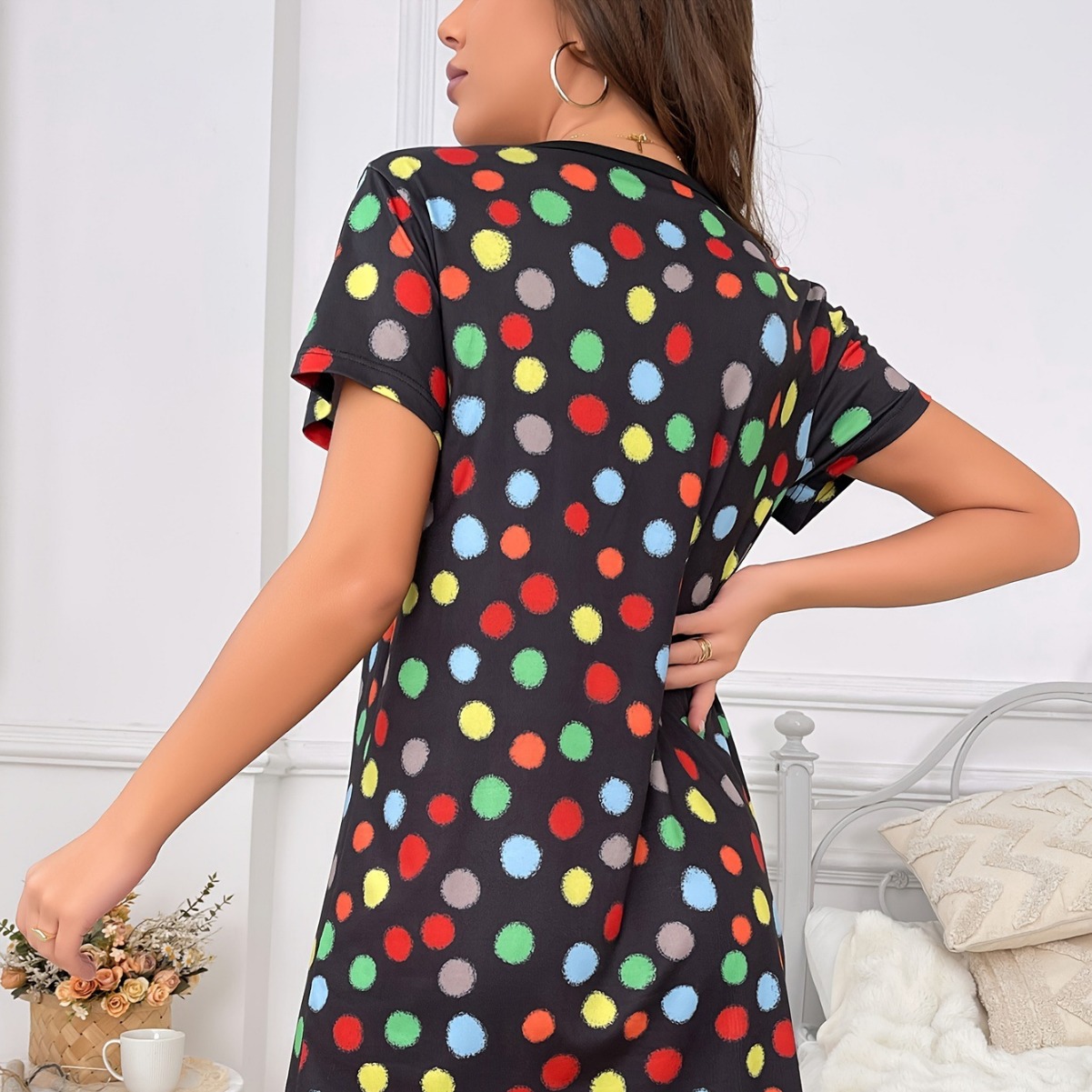 Nuevo vestido de verano transfronterizo de las mujeres europeas y americanas, vestido de manga corta con estampado de lunares de verano caliente de Amazon