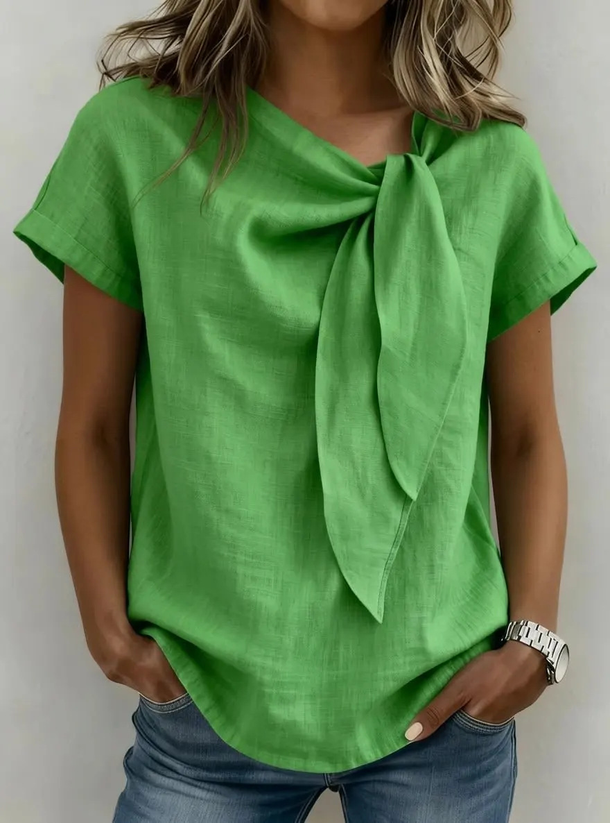 Elegant Women's Cotton Linen Blouse Bow Detail Casual Shirt Comfortable Fashionable Twist Top for Ladies_ecoleips.com