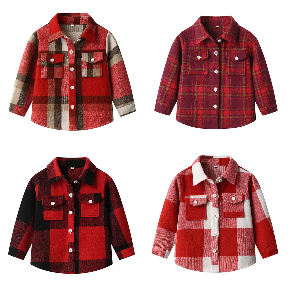 儿童秋季休闲格子长袖衬衫中性潮范翻领上衣复古磨毛宽松红色外套
