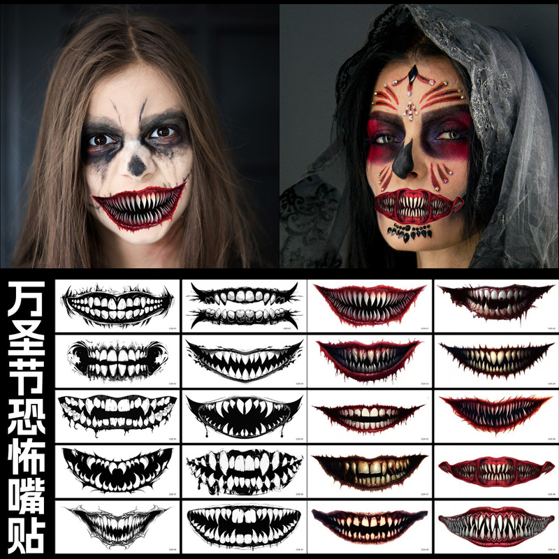 Cross-Border New Halloween Big Mouth Tattoo Stickers Horror and Thriller Lip DIY Party Decoration Tattoo Stickers High-End