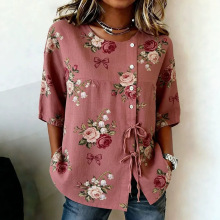 支持多平台一件代发跨境圆领扣子+系带半袖开衫衬衫女士源头工厂