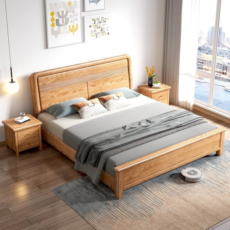 全实木北美红橡实木床北欧日式.米家用卧室双人大床木蜡油家具