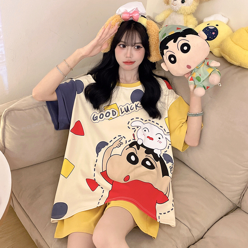 Crayon Shin-Chan Style Pajamas for Women, Summer Pure Cotton, Suitable for Older Children, Middle and High School Students, Cartoon Loungewear, up to 200 Jin