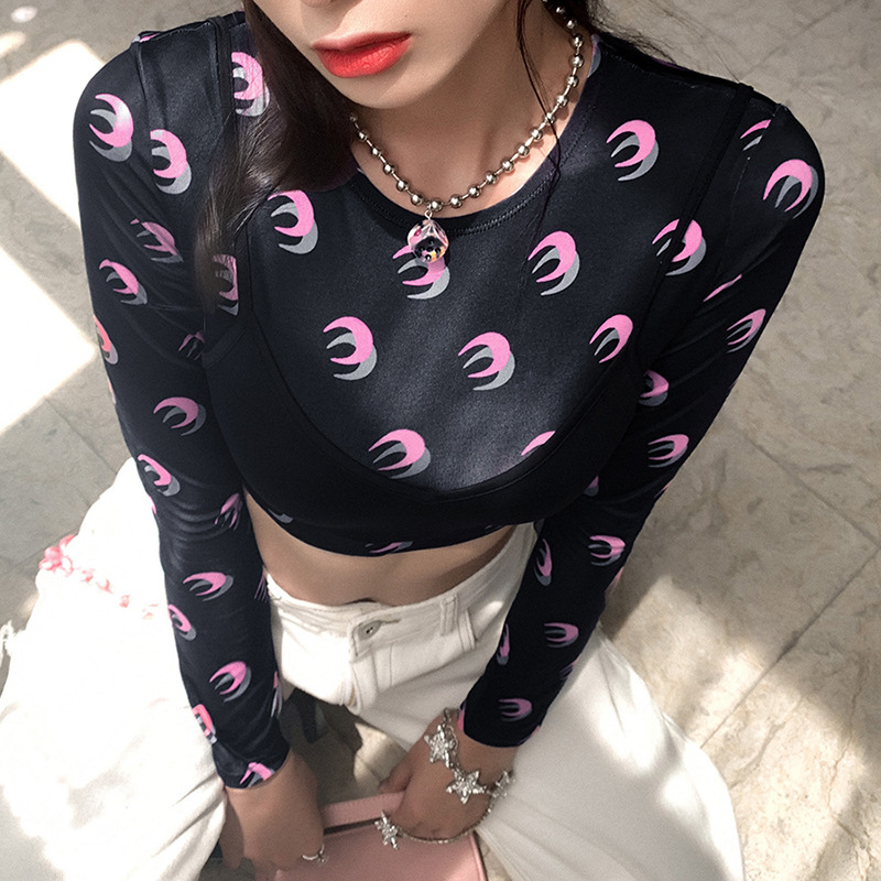 moon print slim round neck long sleeve vest Decoration T-shirt NSFH125016