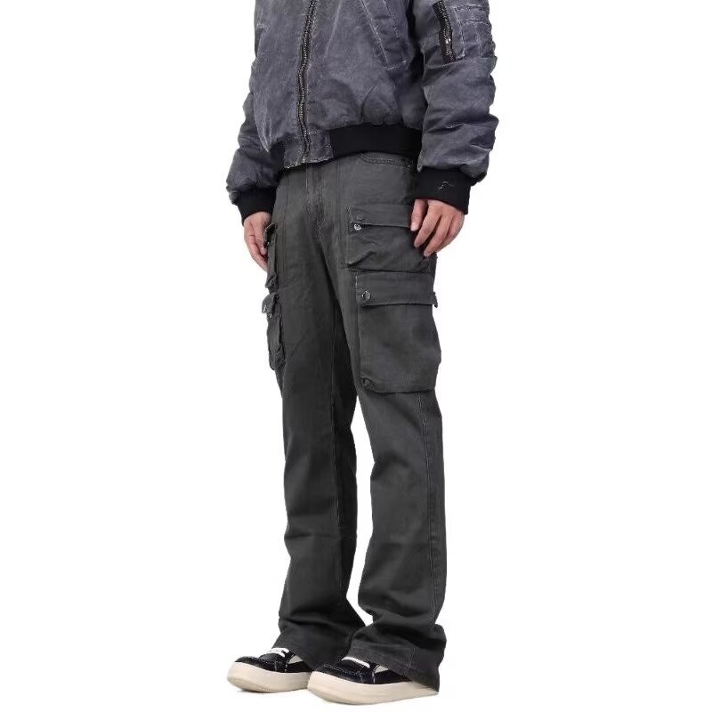 American Style Three-Dimensional Multi-Pocket Crane Pants Men's Straight Micro-cleanfit Pants Vibe Heavy Washed Casual Pants