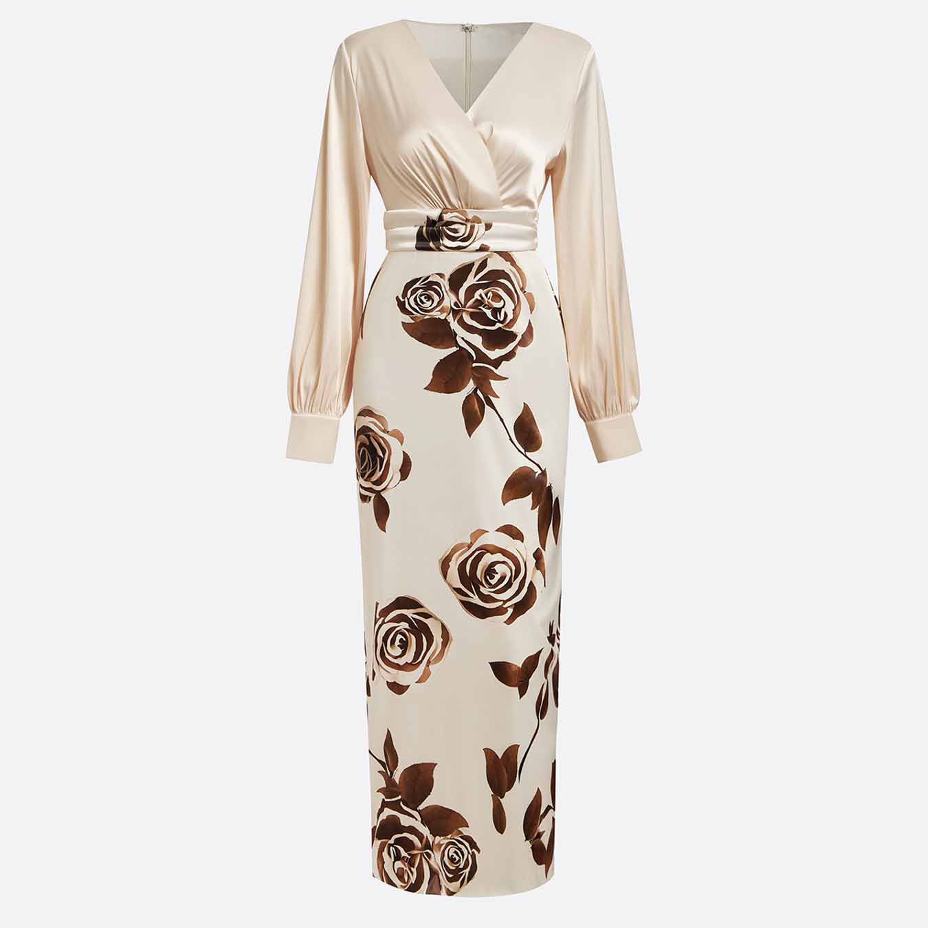 Elegantes Langarm Satin Kleid Mit Blumenmuster Für Damen_voghion.com